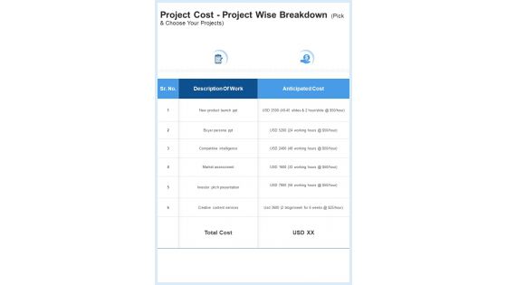 Project Cost Project Wise Breakdown Pick Choose Your Projects Consulting One Pager Sample Example Document
