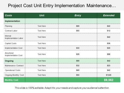 Project cost unit entry implementation maintenance operational annual monthly