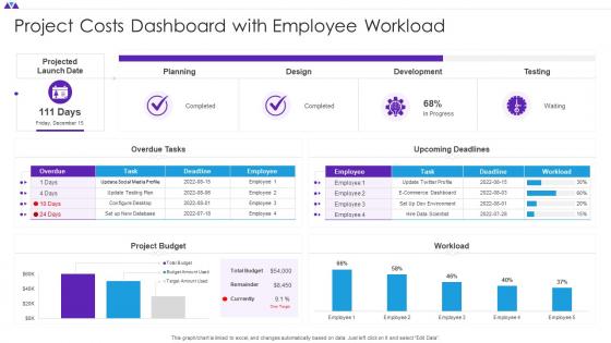 Project Costs Dashboard Snapshot With Employee Workload
