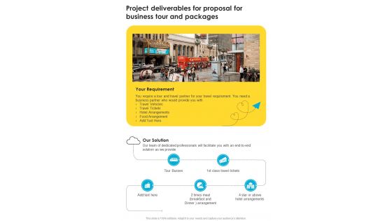 Project Deliverables For Proposal For Business Tour And Packages One Pager Sample Example Document