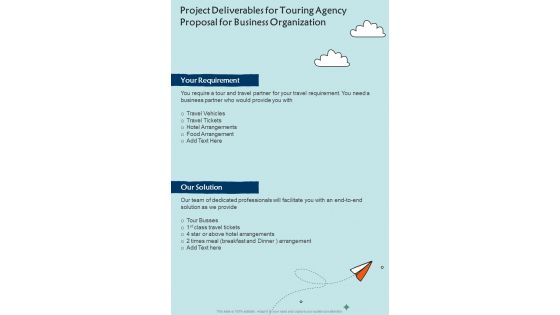 Project Deliverables For Touring Agency For Business Organization One Pager Sample Example Document