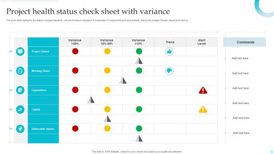 Project Health Status Check Sheet With Variance