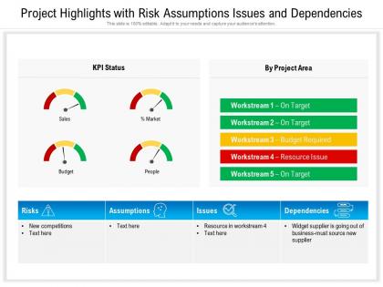 Project highlights with risk assumptions issues and dependencies