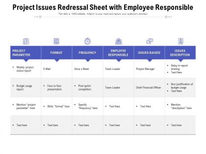 Project issues redressal sheet with employee responsible