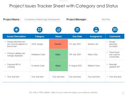 Project issues tracker sheet with category and status