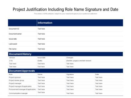 Project justification including role name signature and date