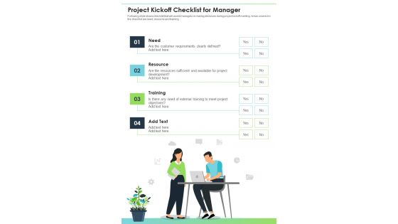 Project Kickoff Checklist For Manager One Pager Sample Example Document