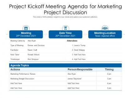 Project kickoff meeting agenda for marketing project discussion