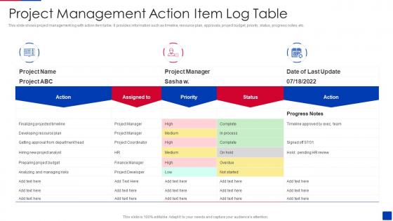 Project Management Action Item Log Table