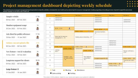 Project Management Dashboard Depicting Weekly Schedule