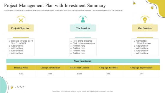 Project Management Plan With Investment Summary