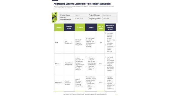 Project Management Playbook Addressing Lessons Learned One Pager Sample Example Document