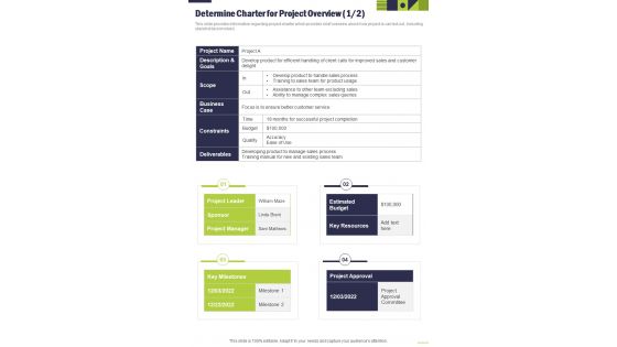 Project Management Playbook Determine Charter For Project One Pager Sample Example Document