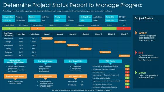 Project management playbook determine project status report to manage progress