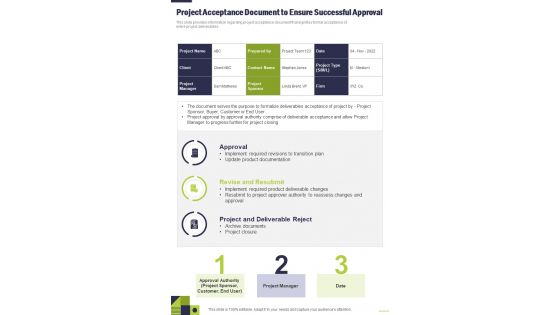 Project Management Playbook Project Acceptance One Pager Sample Example Document