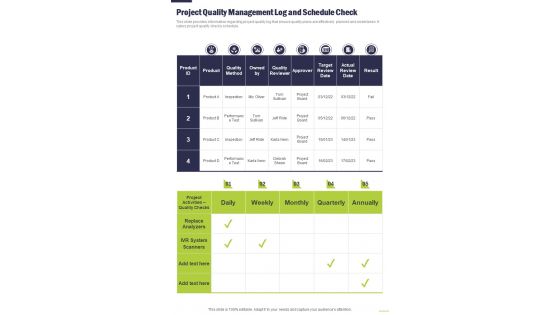 Project Management Playbook Project Quality Management Log And One Pager Sample Example Document