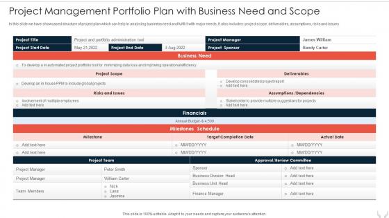 Project Management Portfolio Plan With Business Need And Scope