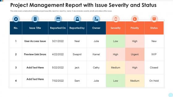Project management report with issue severity and status