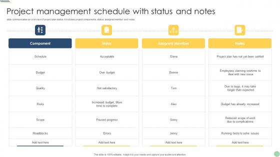 Project Management Schedule With Status And Notes