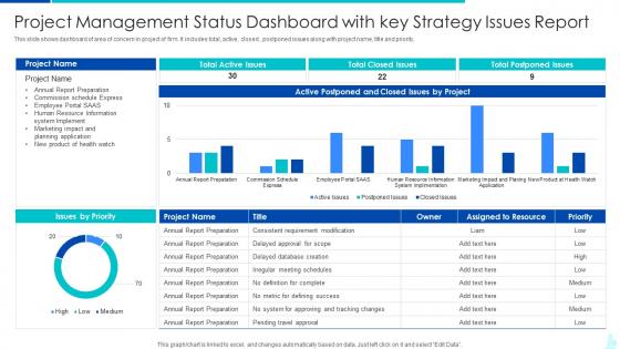 Project Management Status Dashboard Snapshot With Key Strategy Issues Report