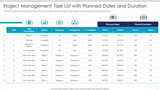 Project Management Task List With Planned Dates And Duration