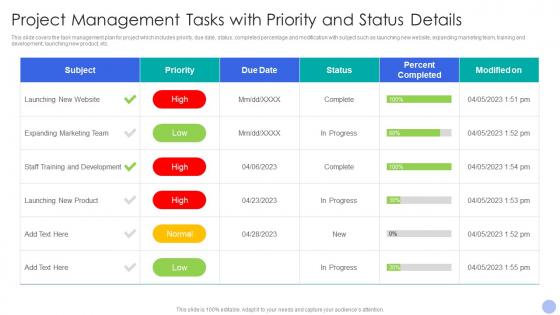 Project Management Tasks With Priority And Status Details