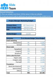 Project Manager Marketing Budget Excel Spreadsheet Worksheet Xlcs XL SS