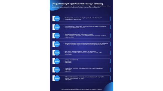 Project Managers Guideline For Project Managers Playbook One Pager Sample Example Document