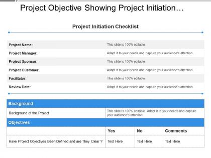 Project objective showing project initiation checklist with project background