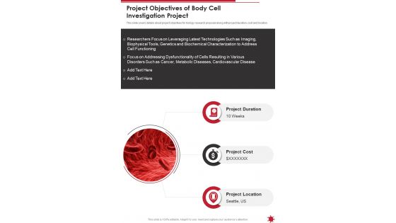 Project Objectives Of Body Cell Investigation Project One Pager Sample Example Document