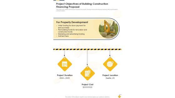 Project Objectives Of Building Construction Financing Proposal One Pager Sample Example Document