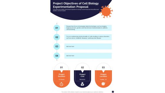 Project Objectives Of Cell Biology Experimentation One Pager Sample Example Document