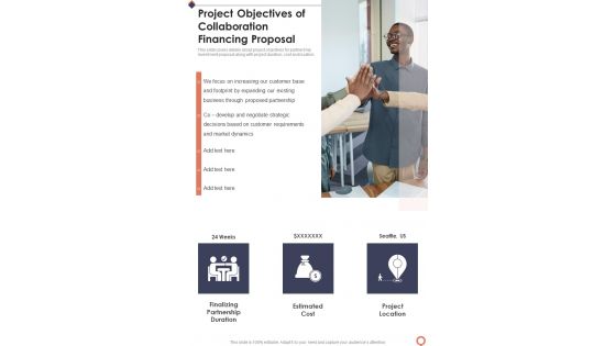 Project Objectives Of Collaboration Financing Proposal One Pager Sample Example Document