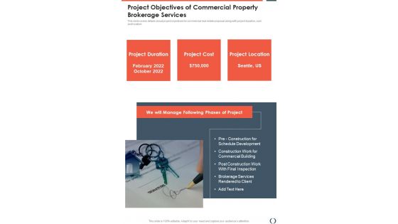 Project Objectives Of Commercial Property Brokerage Services One Pager Sample Example Document