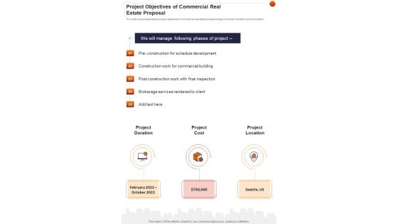Project Objectives Of Commercial Real Estate Proposal One Pager Sample Example Document