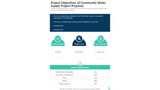 Project Objectives Of Community Water Supply Project Proposal One Pager Sample Example Document
