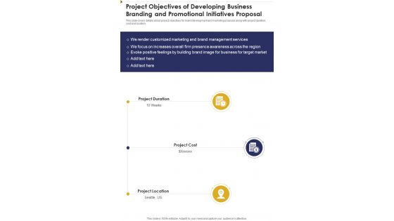 Project Objectives Of Developing Business Branding One Pager Sample Example Document