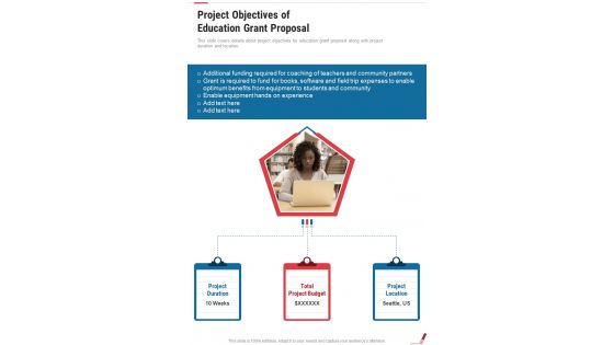 Project Objectives Of Education Grant Proposal One Pager Sample Example Document