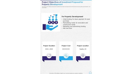 Project Objectives Of Investment Proposal For Property Development One Pager Sample Example Document