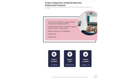 Project Objectives Of Mental Behavior Assessment Proposal One Pager Sample Example Document