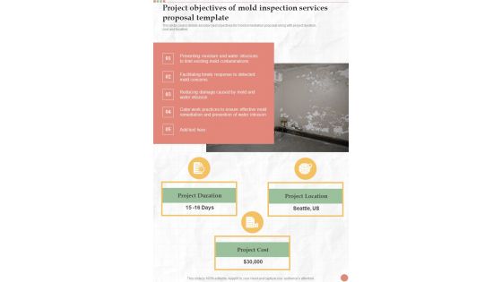 Project Objectives Of Mold Inspection Services Proposal Template One Pager Sample Example Document