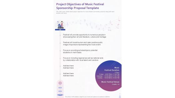 Project Objectives Of Music Festival Sponsorship Proposal Template One Pager Sample Example Document