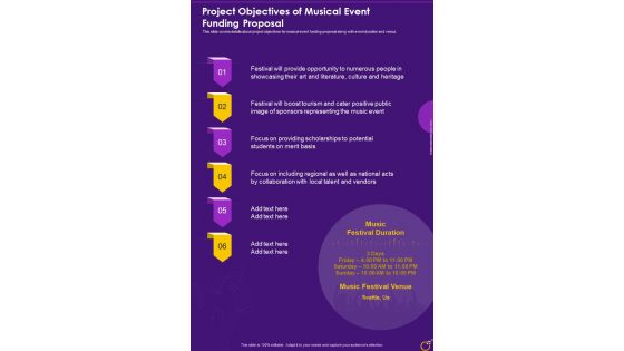 Project Objectives Of Musical Event Funding Proposal One Pager Sample Example Document