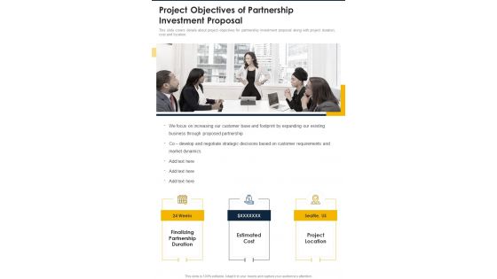 Project Objectives Of Partnership Investment Proposal One Pager Sample Example Document