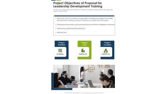 Project Objectives Of Proposal For Leadership Development Training One Pager Sample Example Document