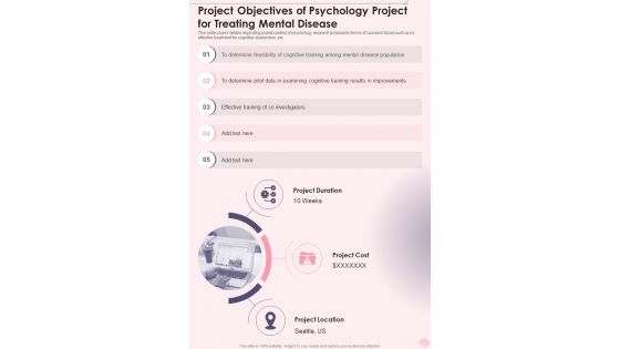 Project Objectives Of Psychology Project For Treating Mental Disease One Pager Sample Example Document