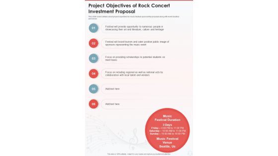 Project Objectives Of Rock Concert Investment Proposal One Pager Sample Example Document