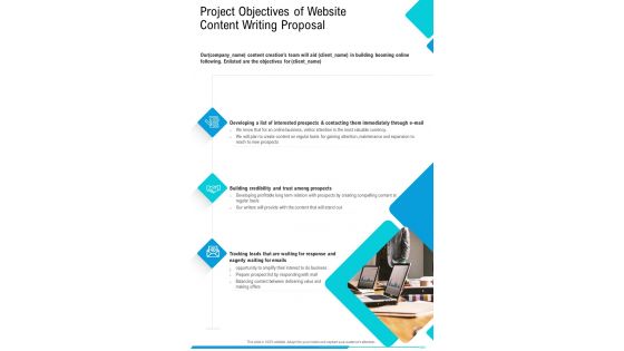 Project Objectives Of Website Content Writing Proposal One Pager Sample Example Document