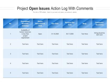 Project open issues action log with comments