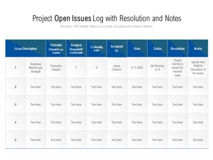Project open issues log with resolution and notes